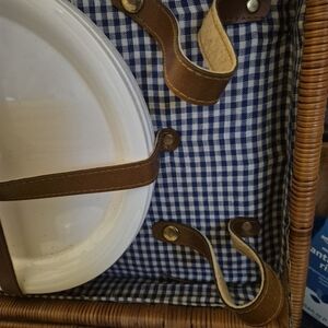 Picnic basket of wicker with settings for 4  people includes plates forks knives